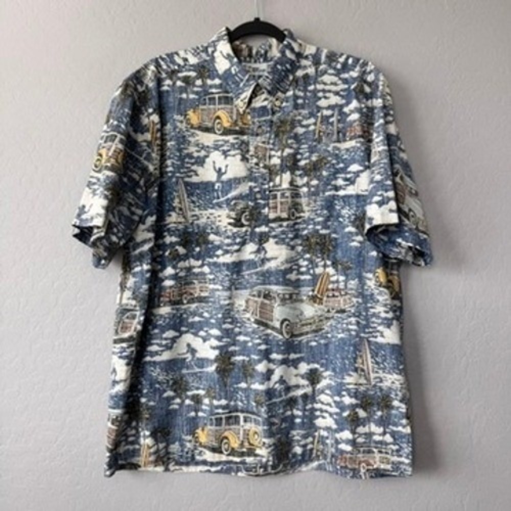 Reyn Spooner XLarge Hawaiian Button Down Shirt XL Blue Woodie Surf Scene Rare